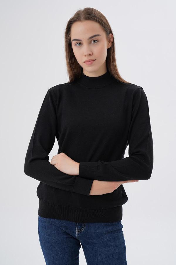 Kadın Siyah %100 Organik Pamuk Yarım Balıkçı Yaka Triko Kazak Örme Bluz TRIST-6104 - Image 1