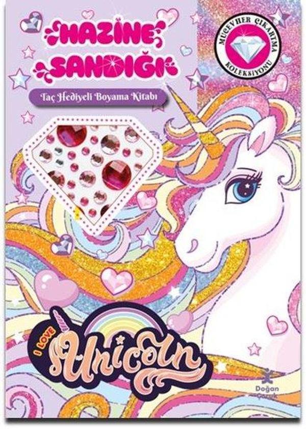 Unicorn - Hazine Sandığı - Taç Hediyeli Boyama Kitabı - Mücevher Çıkartma Koleksiyonu - Doğan Çocuk - Image 1