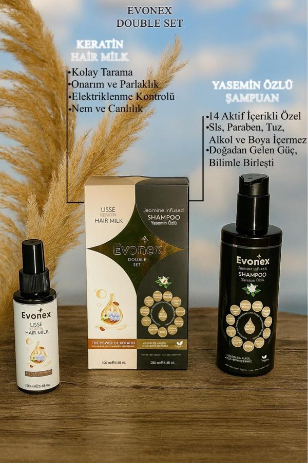 Evonex Double Bakım Seti–14 Aktif Kompleks Şampuan + Keratin Hair Milk Elektriklenme Önleyici - Image 1