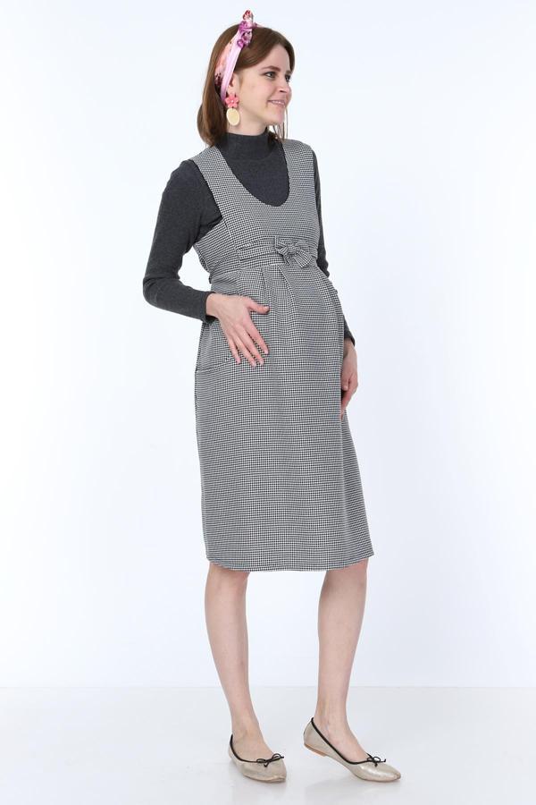 IŞŞIL 9743-Kazayağı Desen Fiyonklu Mini Hamile Jile Elbise - Image 1