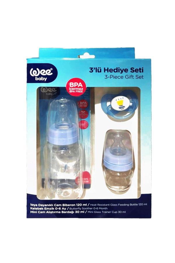 Wee Baby 3’lü Set Cam Biberon 120ml + Emzik + Cam Alıştırma Bardağı 30 ml - Mavi - Image 1
