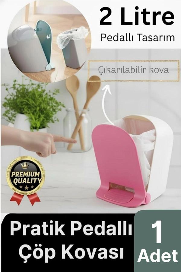 Yeni Tasarım Pratik Şık Tezgah Üstü Çocuk Odası Mutfak WC Banyo Ayak Pedallı Çöp Kovası Kutusu 2 Lt - Image 1