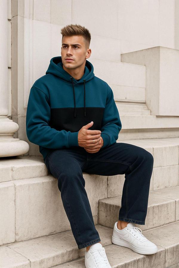 Erkek Kapüşonlu Cepli İçi Polarlı Parçalı Petrol Sweatshirt - Image 1