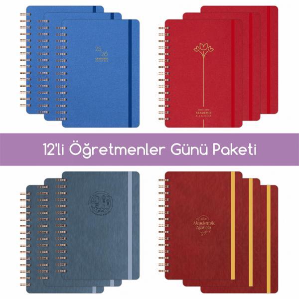12'li Öğretmenler Günü Akademik Ajanda Hediye Seti - 15x21 cm - Kumaş ve Vegan Deri - Image 1