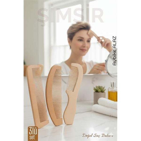 3 lü Doğal Şimşir Ahşap Tarak Seti– 16 cm, Anti-statik, Kepek Karşıtı ve El Yapımı - Image 1