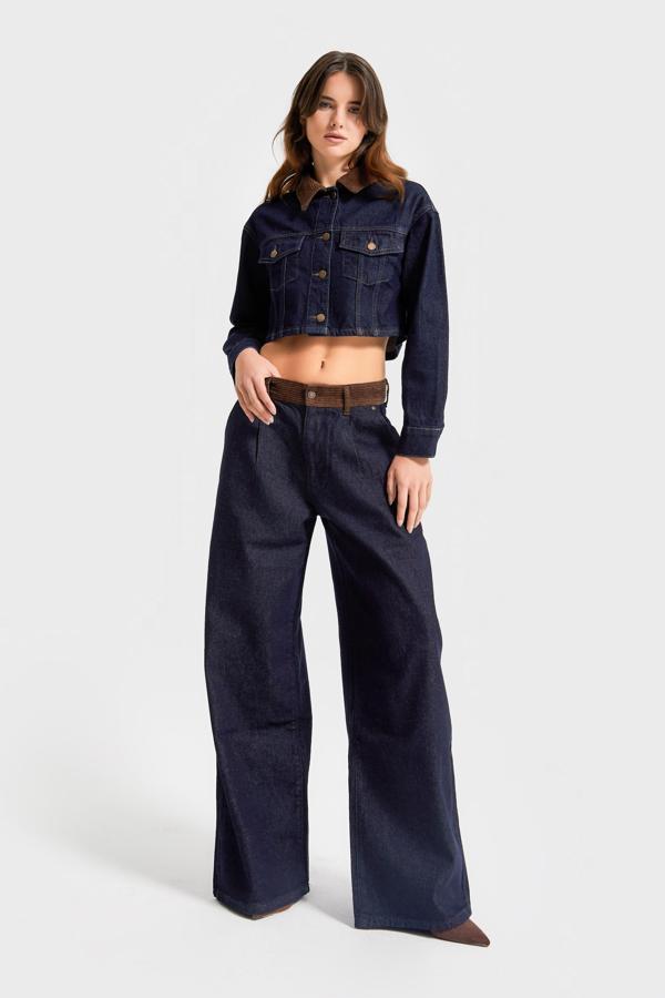 Kadın İndigo Renk 7w5-50 Wide Leg Palazzo Fit Kemer Detaylı %100 Koton Özel Tasarım Denim Jean - Image 1