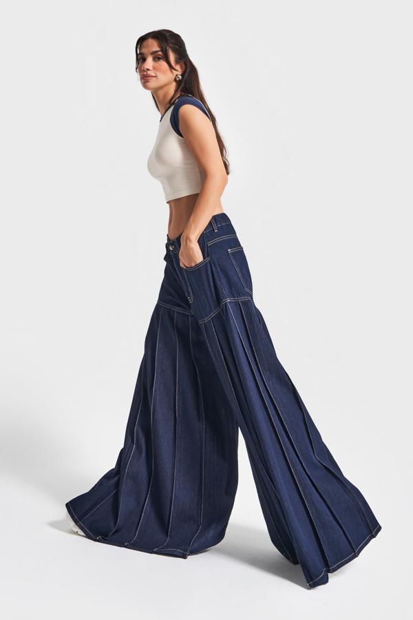 Kadın İndigo Renk 7w5-50 Elephant Leg Fit Süper Bol Kesim Viskon Kumaş Tasarım Denim Jean - Image 1