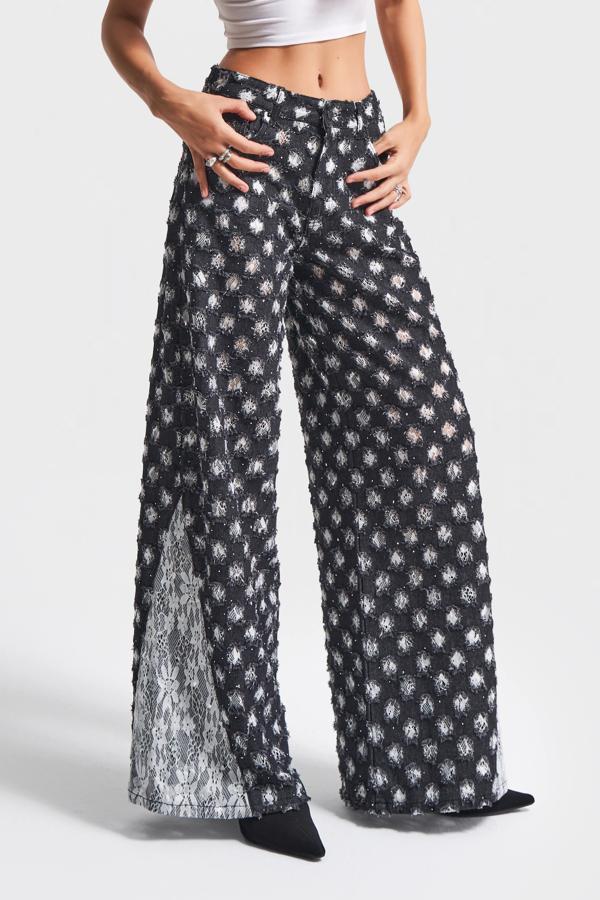 Kadın Antrasit Beyaz Renk 7w5-51 Palazzo Fit Dantel Detaylı Özel Kumaş Tasarım Denim Jean - Image 1