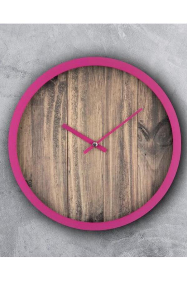 Galaxy Rakamsız Ahşap Görünümlü Pembe Çerçeveli Sessiz Akar 30 Cm Duvar Saati - Image 1