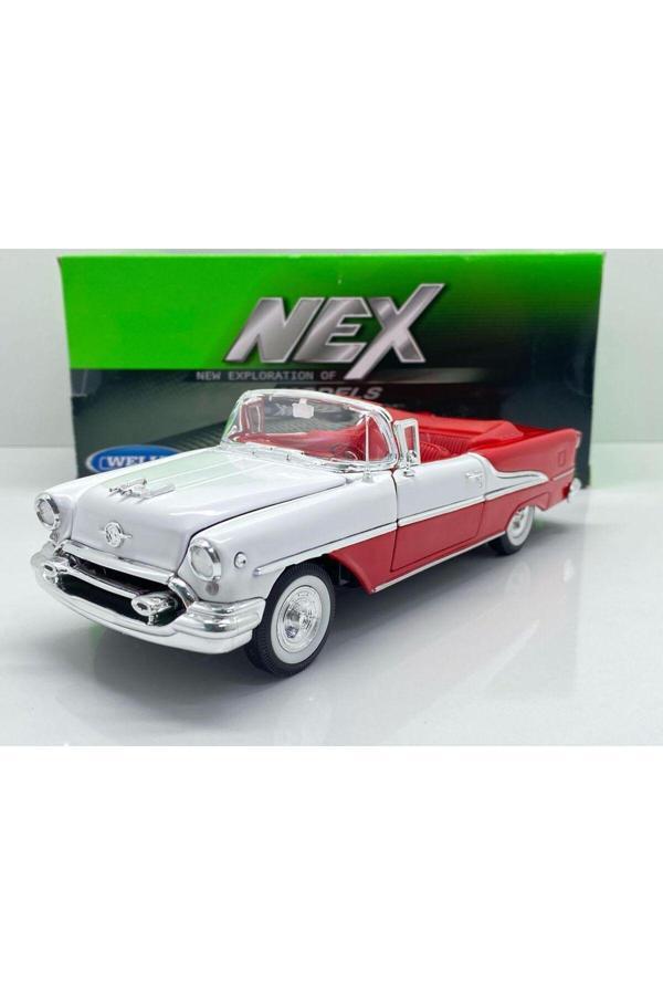 Welly 1.24 Ölçek Marka Lisanslı 1955 Oldsmobile Süper 88 Kırmızı Beyazlı Çift Renk Metal Araba - Image 1