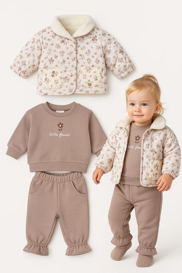 Çiçekli Montlu Kız Çocuk Kışlık Takım - Image 1