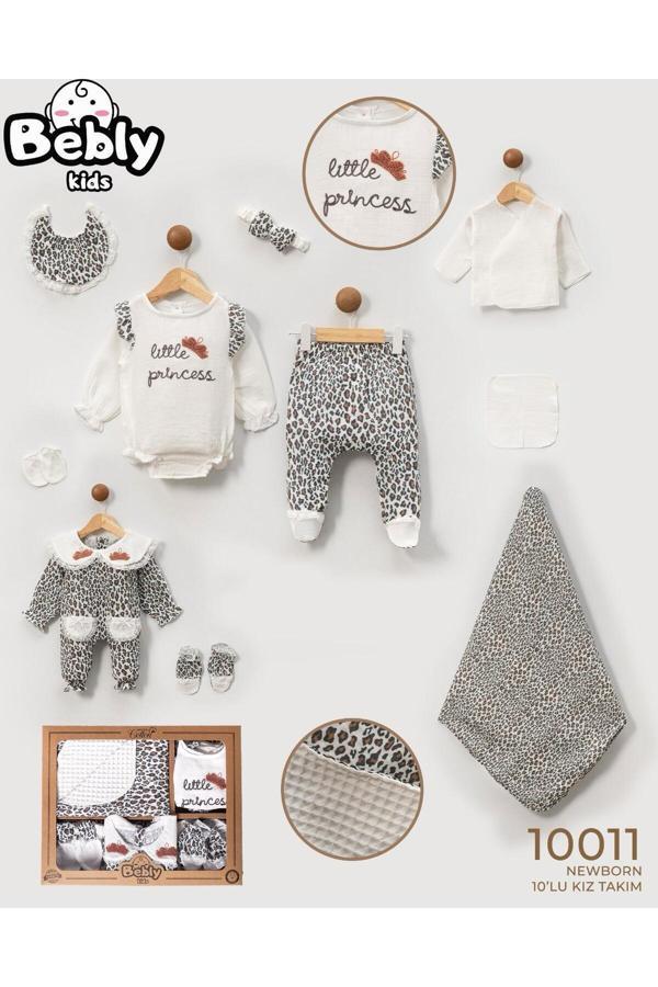 Milays Life Home Collection Bebly Organik Pamuklu Müslin Kumaş Leopar Desenli 10'Lu Takım Hastane Çıkış Takımı Yenidoğan 0-3Ay - Image 1