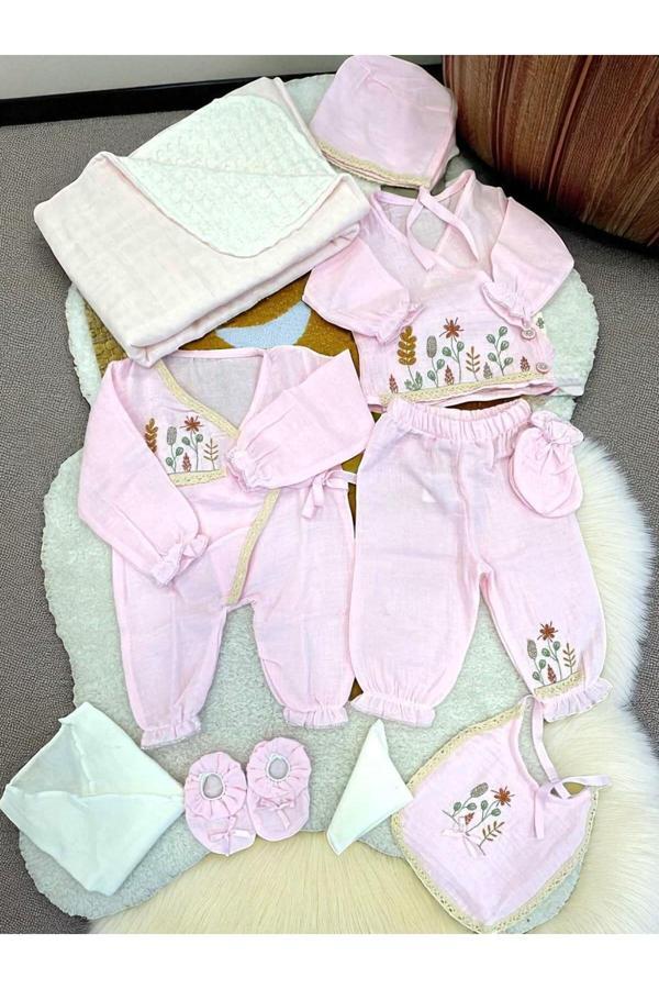 Milays Life Home Collection Kız Bebek Pamuklu Müslin Kumaş Çiçek Nakışlı 10Lu Hastane Çıkışı - Image 1