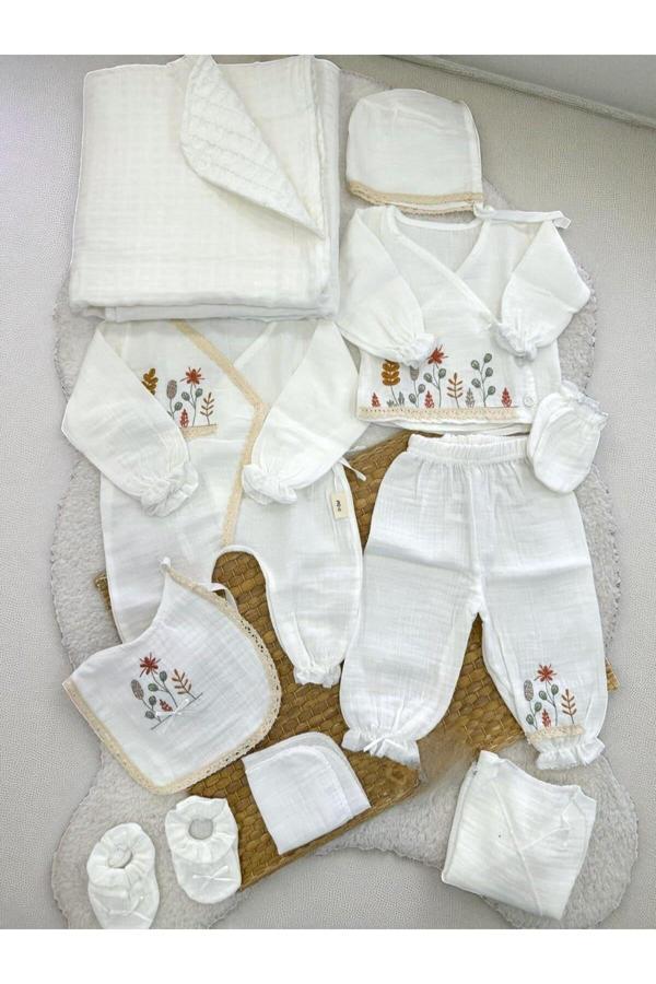 Milays Life Home Collection Kız Bebek Pamuklu Müslin Kumaş Çiçek Nakışlı 10Lu Hastane Çıkışı - Image 1