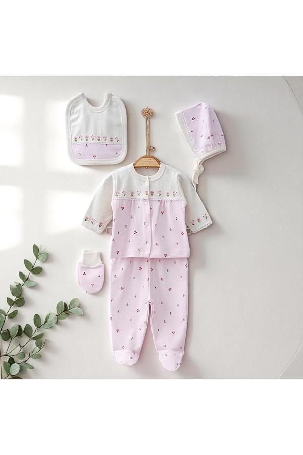 Milays Life Home Collection Kız Bebek Gaye Çiçek Nakışlı 0-3 Ay 5 Li Set %100 Pamuktan - Image 1