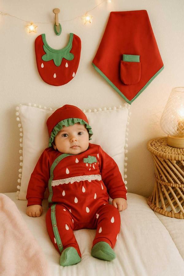 Milays Life Home Collection Kız Bebek 0-3 Ay Çilekli Nakışlı Tulum 5 Li Set - Image 1