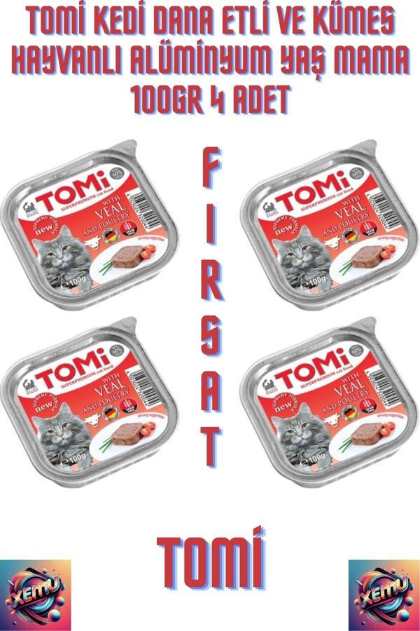Tomi Kedi Dana Etli Ve Kümes Hayvanlı Alüminyum Yaş Mama 100gr 4 Adet. - Image 1