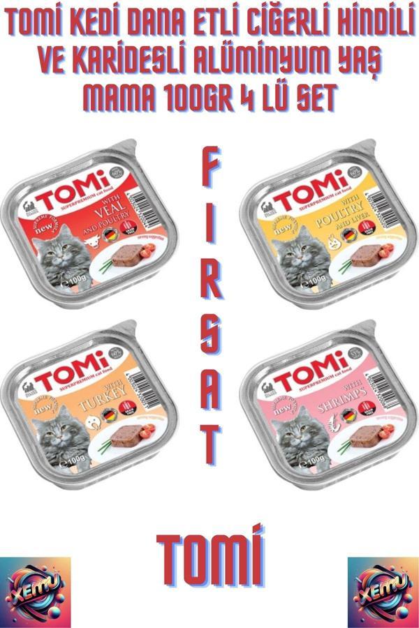 Tomi Kedi Dana Etli Ciğerli Hindili Ve Karidesli Alüminyum Yaş Mama 100gr 4 Lü set - Image 1