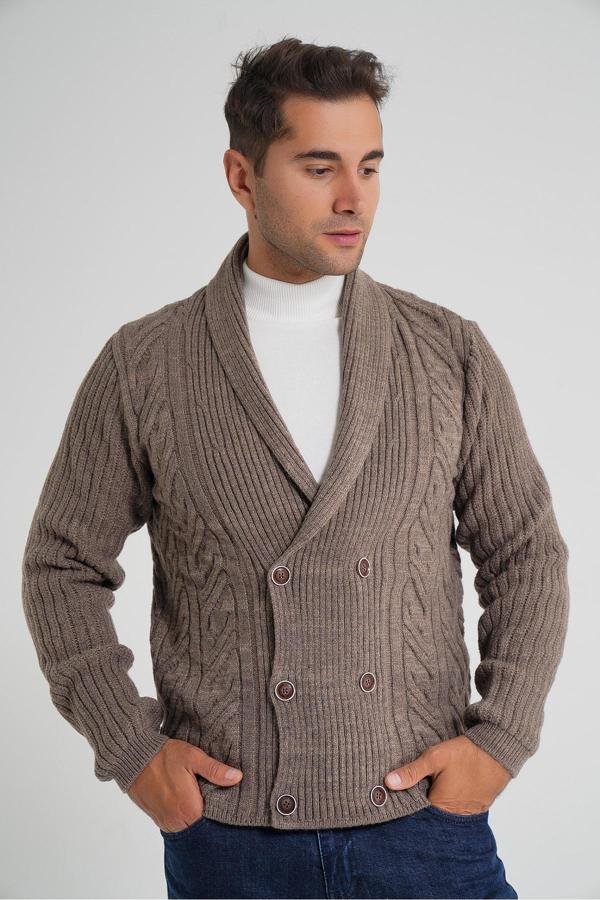 Erkek Sütlü Kahve Şal Yaka Altı Düğmeli Kruvaze Yün Ceket Hırka TRIST-5353 - Image 1