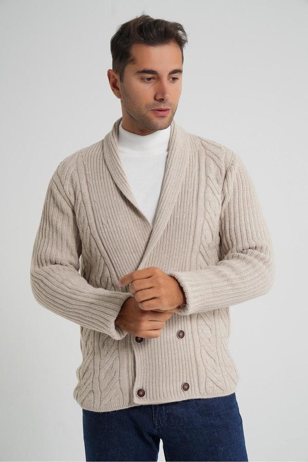 Erkek Bej Şal Yaka Altı Düğmeli Kruvaze Yün Ceket Hırka TRIST-5353 - Image 1