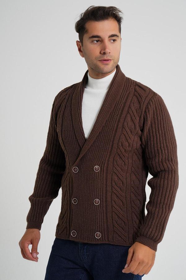 Erkek Kahve Şal Yaka Altı Düğmeli Kruvaze Yün Ceket Hırka TRIST-5353 - Image 1