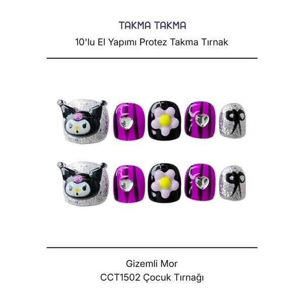 10'lu Mor Çocuk Tırnağı  CCT1502 Tekrar Kullanılabilir El Yapımı Protez Takma Tırnak Mor-M - Image 1