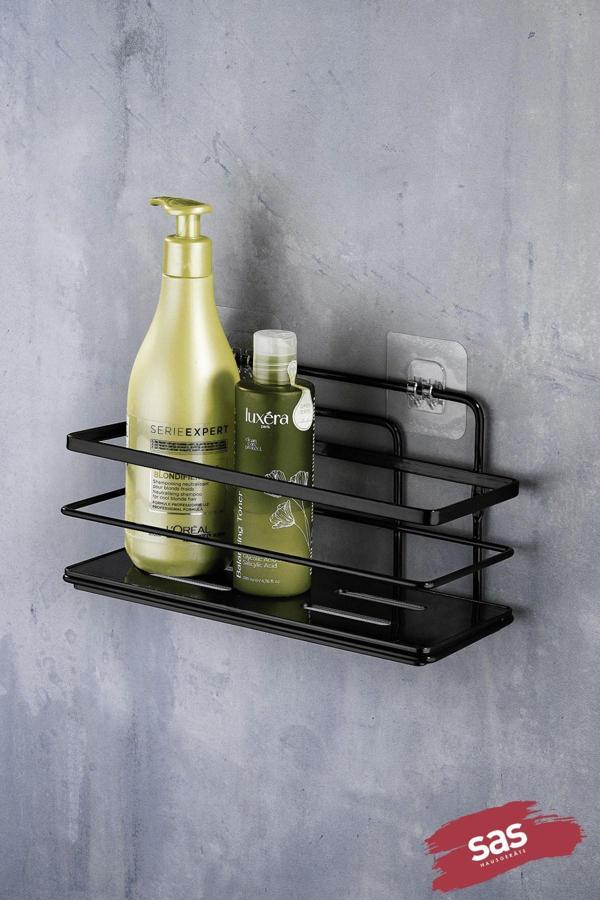 Tekli Ayarlanabilir Banyo Duş Rafı – Paslanmaz Kristal Şampuanlık (Yapıştır/Vidala) Siyah - Image 1
