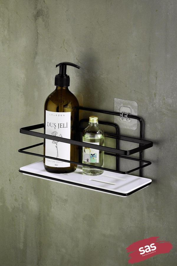 Yapışkanlı Ayarlanabilir Tekli Banyo Duş Rafı – Paslanmaz Kristal Şampuanlık (Yapıştır/Vidala) Siyah - Image 1