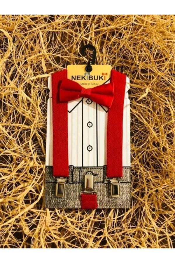 Nekibuki Kırmızı 1-9 Yaş Pantolon Askı Papyon Seti Kırmızı 6-9 Yaş - Image 1
