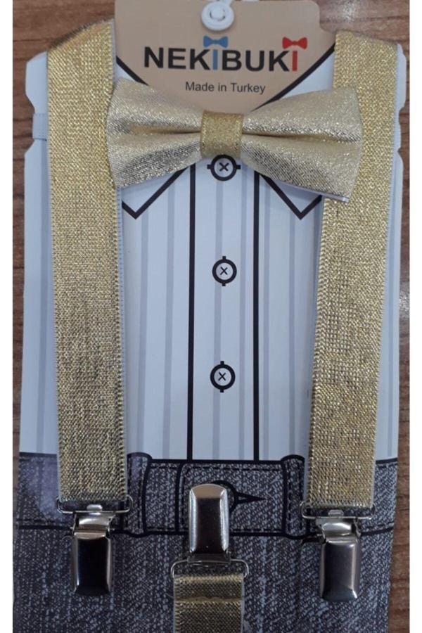 Nekibuki Gold Sarı Simli Pantolon Askısı Ve Papyon Takım Altın Tek Ebat - Image 1