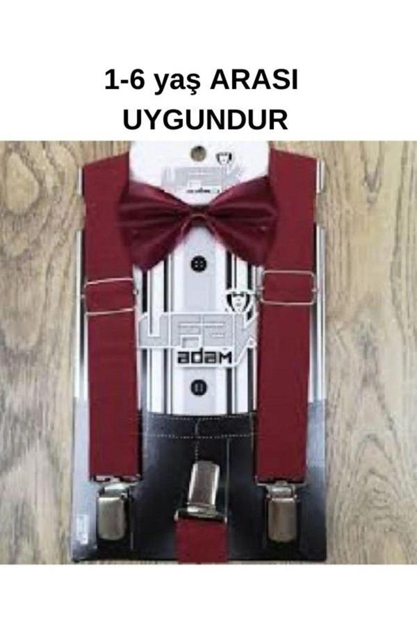 Nekibuki Erkek Çoçuk Bordo Düz Pantolon Askısı Ve Papyon Seti 1-9 Bordo Tek Ebat - Image 1