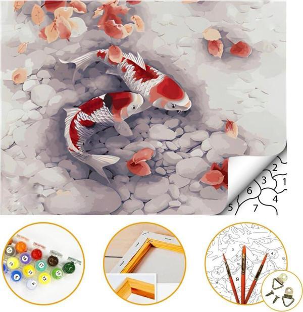 Balıklar - Sayılarla Boyama Seti Kasnağa Gerili 40x50cm Boyalar ve Fırçalar Dahil - Image 1