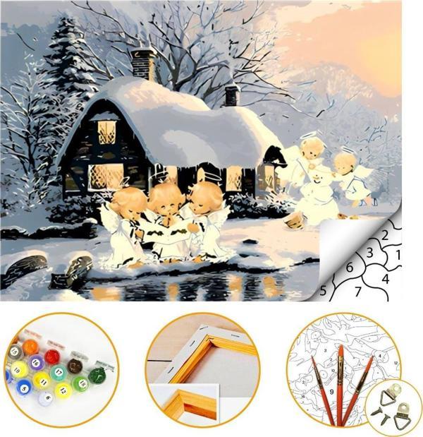 Kar ve Melekler - Sayılarla Boyama Seti Kasnağa Gerili 40x50cm Boyalar ve Fırçalar Dahil - Image 1