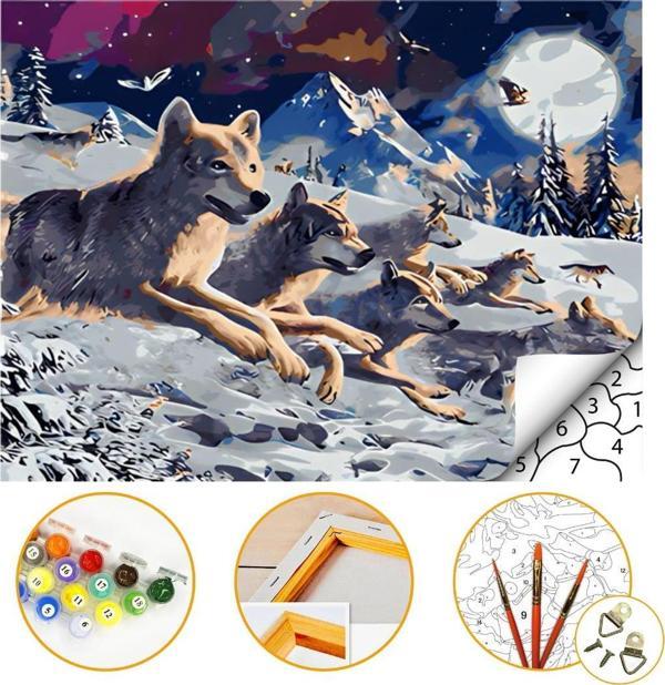 Kurtlar - Sayılarla Boyama Seti Kasnağa Gerili 40x50cm Boyalar ve Fırçalar Dahil - Image 1