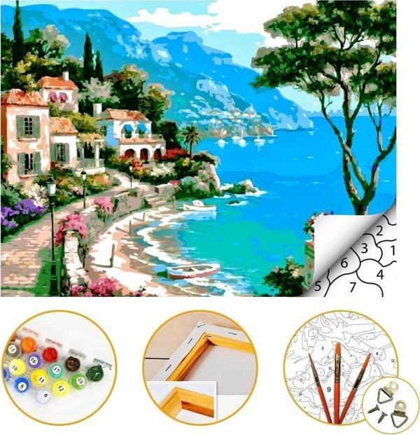 Sahil Kasabası - Sayılarla Boyama Seti Kasnaklı 40x50cm Boyalar ve Fırçalar Dahil - Image 1