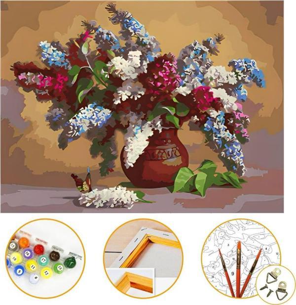 Vazo Çiçek - Sayılarla Boyama Seti Kasnağa Gerili 40x50cm Boyalar ve Fırçalar Dahil - Image 1