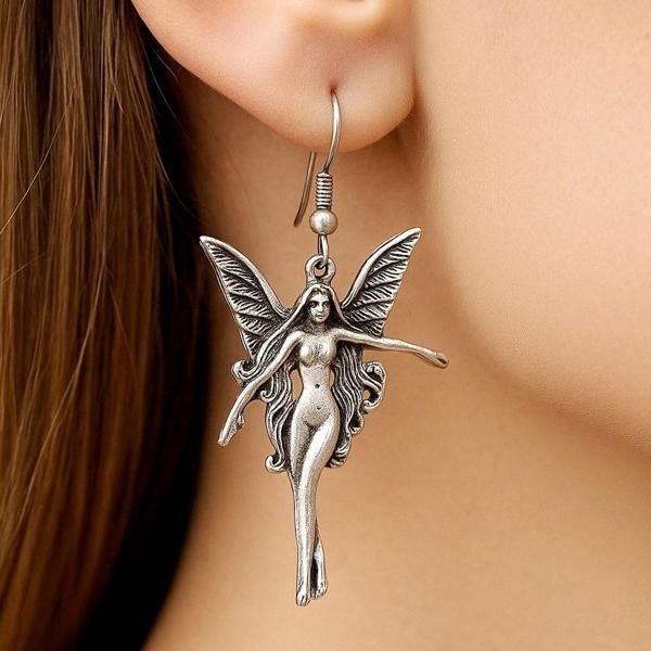 Kanatlı Kadın Şekilli Kadın Küpe Çift Adet Gümüş Kaplama El Yapımı Küpe - Image 1