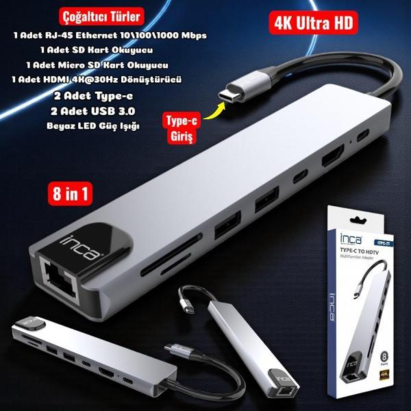 Technow 8 in1 4K Ultra HD Type C USB 3.0 Hub HDMI RJ45 SDTF Adaptör Çoklayıcı  - Image 1