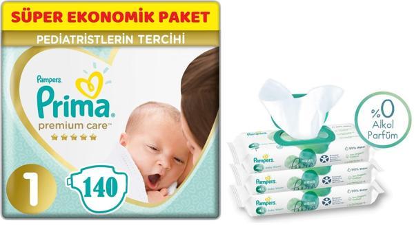 Prima Premium Care Bebek Bezi Beden:1 (2-5Kg) Yeni Doğan 140 Adet + 3 Lü Mendil Süper Ekonomik Pk - Image 1