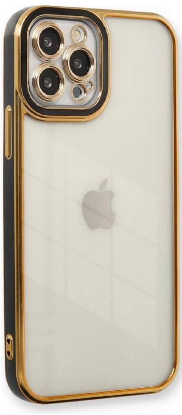 Lüks iPhone 12 Koruyucu Kılıf, Şeffaf Silikon, Altın Renkli Çerçeve, Lazer İşlemeli, Darbe Korumalı - Image 1