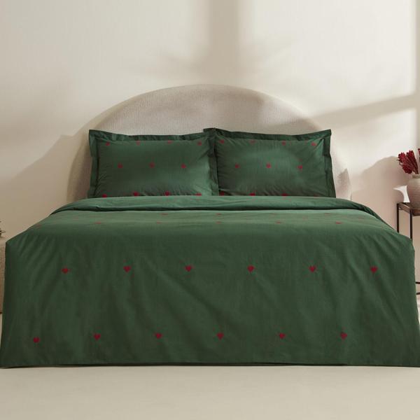 Karaca Home Amour Mio %100 Pamuk Çift Kişilik Nakışlı Nevresim Takımı Koyu Yeşil - Image 1