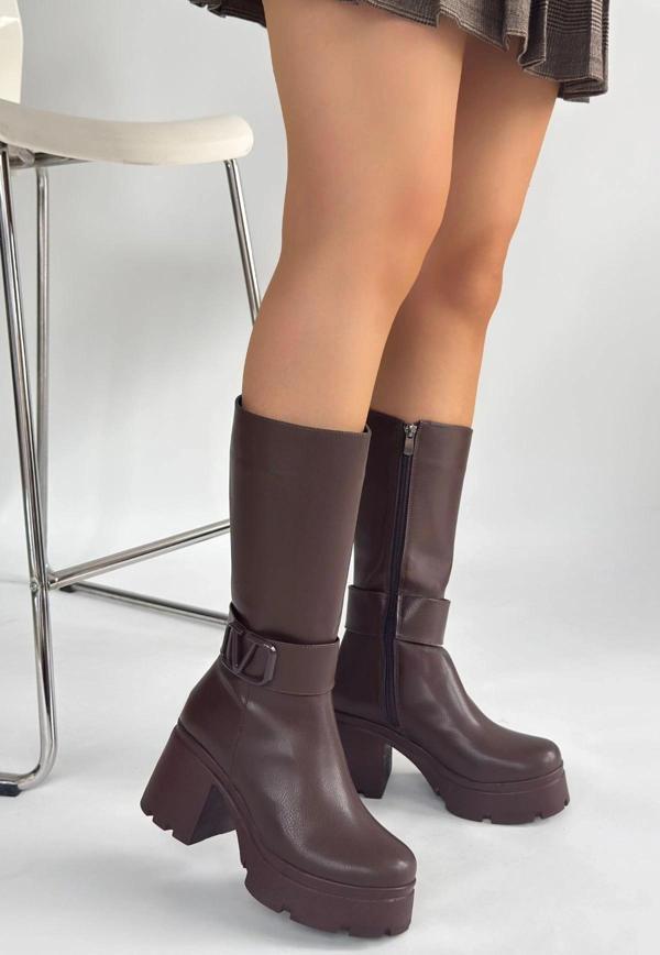 BİÇOMİ Moki Kahverengi Cilt Topuklu Çizme - Image 1