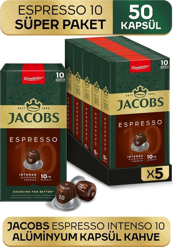 Jacobs Espresso 10 Intenso Nespresso Uyumlu Alüminyum Kapsül Kahve 10 Adet X 5 Paket - Image 1