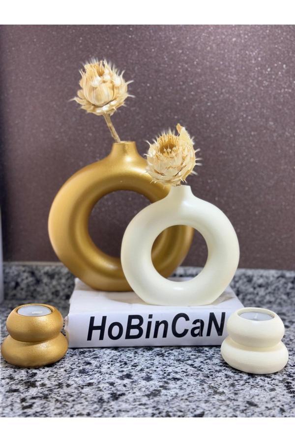 Blanj Gold Halka Bohem Vazo Mumluk Seti 2'Li Dekoratif Donut Obje - Image 1