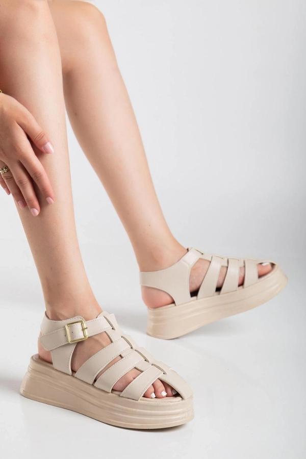 BİÇOMİ Toten Bej Cilt Kemerli Sandalet - Image 1