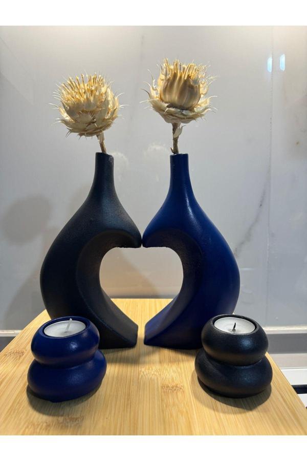 Blanj Kalpli Sarılan Sevgili Vazo Ve  Mumluk Lacivert-Siyah - Image 1