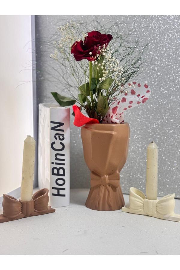 Blanj Iskandinav Büyük Buket Vazo Biblo Çiçeklik Dekoratif Fiyonklu 2 Li Mumluk Vazo 20X10X10Cm Bohem - Image 1