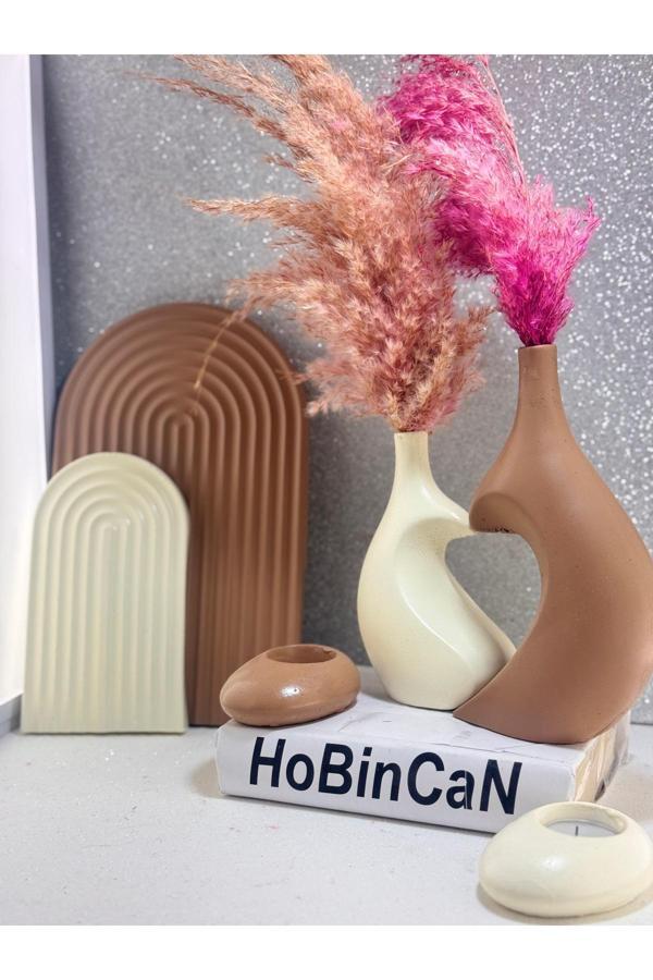 Blanj Kalpli Vazo 2'Li Taş Tealight Mumluk Büyük-Küçük Gökkusağı Sunumluk Tabak 6 Parça Lüx Özel Set - Image 1