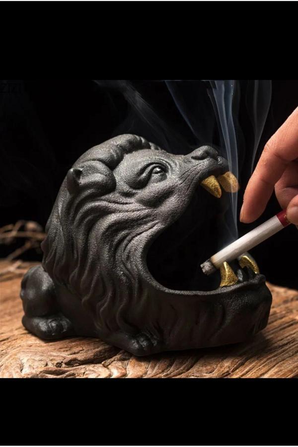 Gözde Hobi Gözdehobi Siyah Aslan Küllük | Dekoratif Altın Diş Aslan Beton Küllük - Image 1