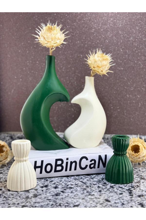 Blanj Kalpli Sarılan Sevgili Vazo Ve  Mumluk Yesil-Krem - Image 1